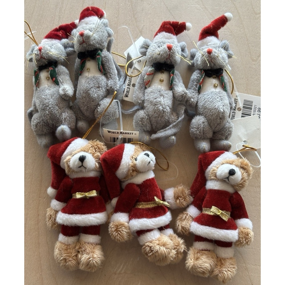 Christmas Ornament LOT of 7 NWT World Market Jointed Plush Santa Bear Mouse